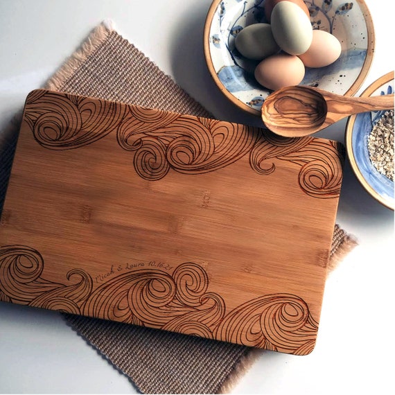Personalized Chopping Board with Ocean Waves Pattern, Beach Ocean Gift, Custom Cutting Board, Wood Cheese Board, Butcher Block, Wedding Gift