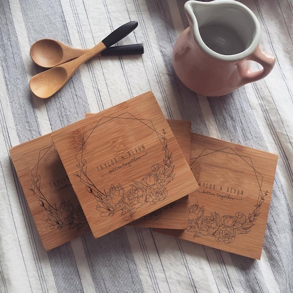 Custom Wood Coasters, Personalized Engraved Coaster Set w/ Geometric Wreath and Optional Cork for Wedding Gift or Engagement Gift