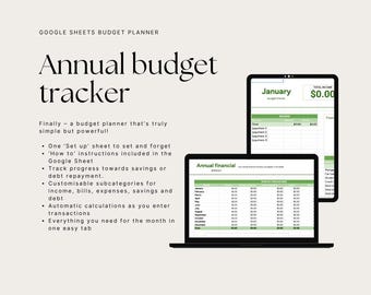 May include: A digital budget planner displayed on a laptop and tablet. The screen shows a spreadsheet with financial data. Text on the image reads "Annual budget tracker" and details features like automatic calculations and customizable categories.