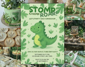 Plantilla de invitación de cumpleaños de dinosaurio, invitación editable para fiesta de niño (descarga digital), invitación de cumpleaños rugiente, invitación de cumpleaños para niño