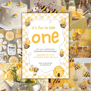 Puede incluir: Un collage de decoraciones para fiestas con temática de abejas. Incluye una tarta blanca con decoraciones de abejas, galletas, una invitación a la fiesta con el texto "it's fun to bee one" y decoración amarilla y blanca. El tema es una fiesta de primer cumpleaños.