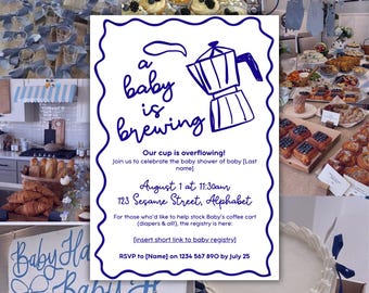 A Baby Is Brewing Baby Shower Canva Template, Baby Shower Invitation Template, Home Café Theme for Baby Shower, Home Cafe Invitation
