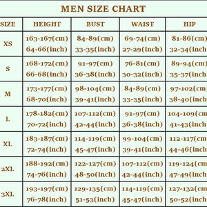 May include: Men's size chart showing measurements in both centimetres and inches. Sizes range from XS to 3XL, with height, bust, waist, and hip dimensions. Ideal for clothing.