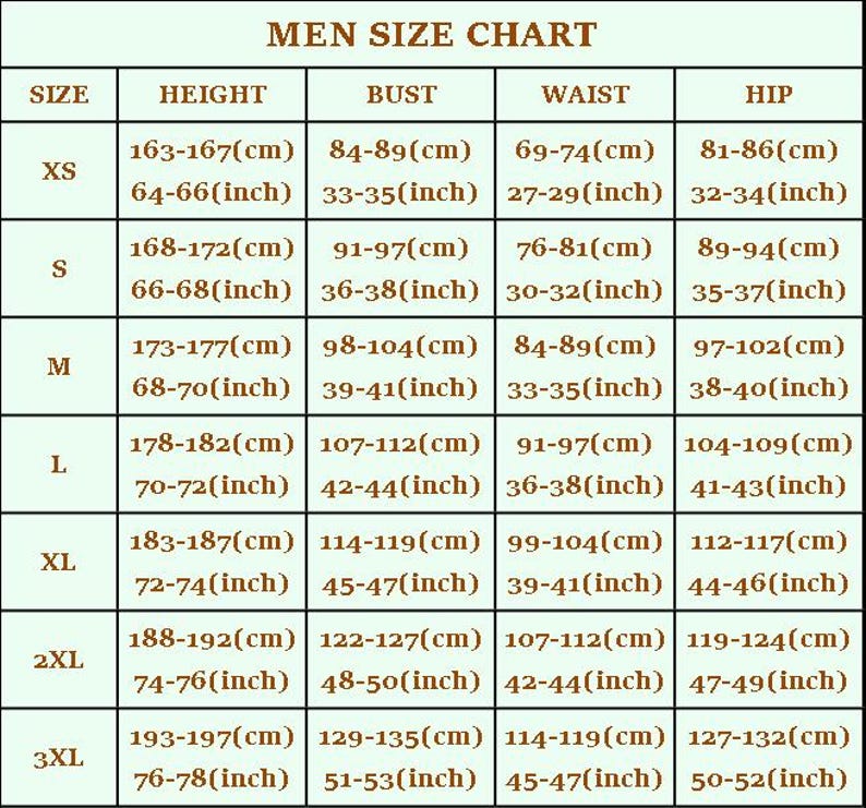 May include: Men's size chart showing measurements in both centimetres and inches. Sizes range from XS to 3XL, with height, bust, waist, and hip dimensions. Ideal for clothing.