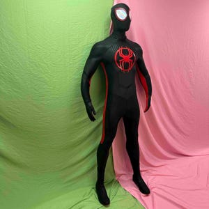 May include: A black and red superhero costume featuring a spider emblem on the chest. The full-body suit has red detailing on the arms and legs, and a mask with white eye lenses. The costume is displayed against a green and pink backdrop.