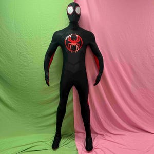 May include: Black full-body costume with a red spider emblem on the chest. The costume has red accents on the arms and a mask with white eye lenses. The background is a combination of green and pink fabric.