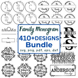Puede incluir: Una colección de diseños de monogramas familiares en blanco y negro. La imagen incluye varios estilos, como marcos circulares con letras, coronas florales y placas de identificación rectangulares. El texto dice "Family Monogram 410+ DESIGNS Bundle".