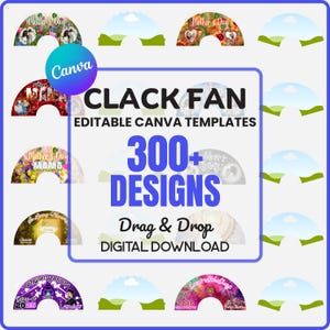 Może przedstawiać: Cyfrowy obraz z wzorami wachlarzy dla Canva. Tekst brzmi "CLACK FAN EDYCYJNE SZABLONY CANVA" i "300+ DESIGNS". Widoczne są różne wzory wachlarzy, w tym motywy "Dnia Matki" i ukończenia szkoły, do pobrania cyfrowego.