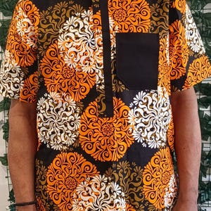 African print short sleeve shirt|Men&#39;s African danshiki shirt|Black orange tribal print shirt