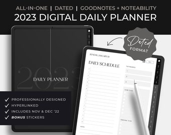iPad Goodnotes Digital Daily Planner, 2023 Planner, Dated Digital Planner, Daily Planner, Minimalist Design (Black and White)