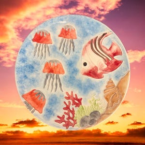 Hand-Painted Ceramic Ocean Plate, Coastal Kitchen Decor, Jellyfish & Tropical Fish