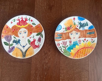 Plato de cerámica hecho a mano, retrato de mujer colorido, decoración de pared