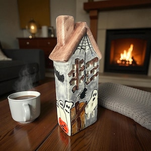 Handmade Ceramic Haunted House Candle Holder , Halloween Decor , Ghost and Spider Design ,
