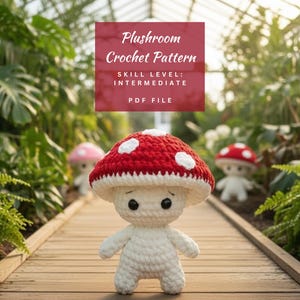May include: A crocheted mushroom plushie with a red cap and white spots stands on a wooden walkway. The mushroom has a white stem and a sad expression. The image includes text that reads "Plushroom Crochet Pattern" and "Skill Level: Intermediate".