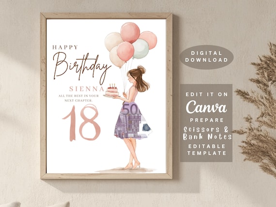 18th Birthday Cash Gift 18th Birthday Gift Idea Last Minute Gift Diy Printable PDF Personalized Money Gift 18th Birthday Girl Creative Cash