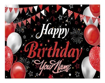 Personalized Happy Birthday Banner: Red Black Glitter Balloons, Custom Name Backdrop Sign