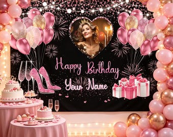 Custom Name Photo Birthday Backdrop, Black Pink Gold Glitter Banner for Party Decor