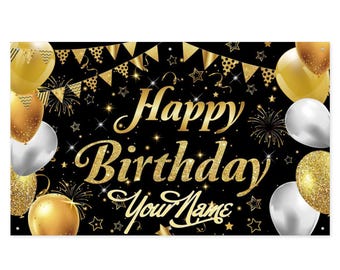 Personalized Happy Birthday Banner: Gold Black Theme Backdrop Sign