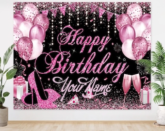 Personalized Happy Birthday Banner Backdrop: Pink Black Glitter Balloons, Custom Name Sign