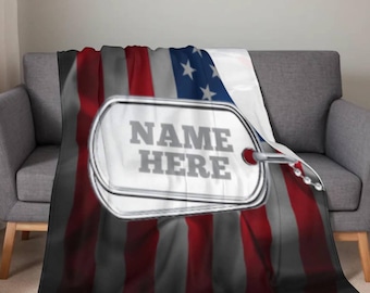 Personalized USA Flag Blanket, Custom Military Dog Tag Throw