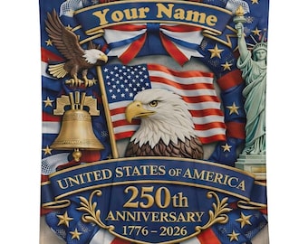 Personalized America 250th Anniversary Quilt Throw, Patriotic Custom Name Blanket