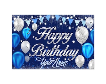 Personalized Happy Birthday Banner: Blue Silver Balloons, Custom Name Backdrop Sign