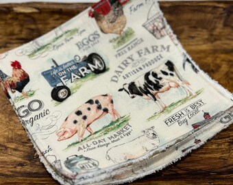 Handmade Kitchen Dishcloths Farm Animals 8" Square Set of 2 Ships Free Dish Cloths