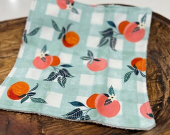 4 square reusable dishcloths with peaches, gingham check kitchen cloths, ready to ship, peaches kitchen decor