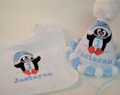 Personalized First Birthday Party Hat - TWO PIECE SET - Penguin - Rabbit Skins - Custom - Pom - Winter