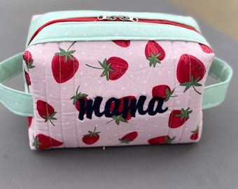 Quilted Mama Boxy Zippered Bag with Strawberries, Handmade & Embroidered   Ready To Ship