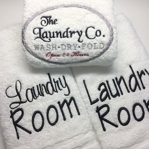 Laundry Room Decor, Laundry Room Towels, Set of Three, Embroidered, White & Black Laundry Room, SHIPS FREE