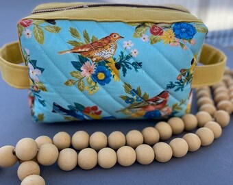 Quilted Boxy Bag with Birds & Flowers Organizer for Women Handmade Gift Ready to Ship