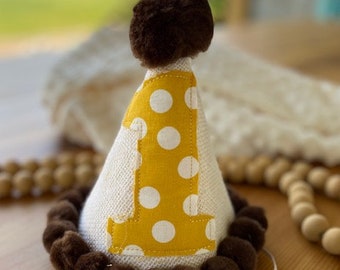 burlap fall birthday party hat for one year old, gender friendly first birthday party hat, mustard and brown polka dot, ready to ship