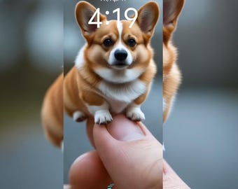 May include: A close-up of a smartphone screen displaying a lock screen with a photo of a brown and white corgi dog. The time is 4:19 and the date is Fri, Apr 11. The dog is sitting on a finger.