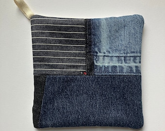 Boro inspired potholder handmade from upcycled textiles