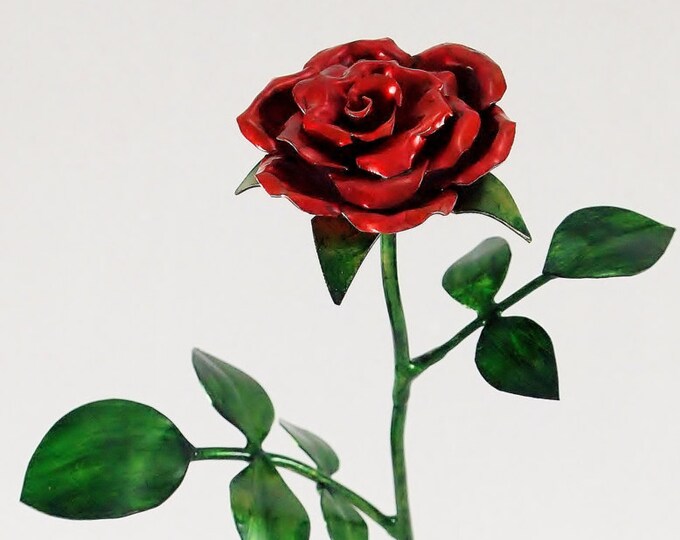 Small Blossoming Red Rose with Red Heart Base Copper Metal Sculpture