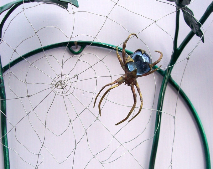 Handmade Copper Rosebush with Brass Spider and Heart Shaped Stainless Steel Web Wall Mount Metal Sculpture