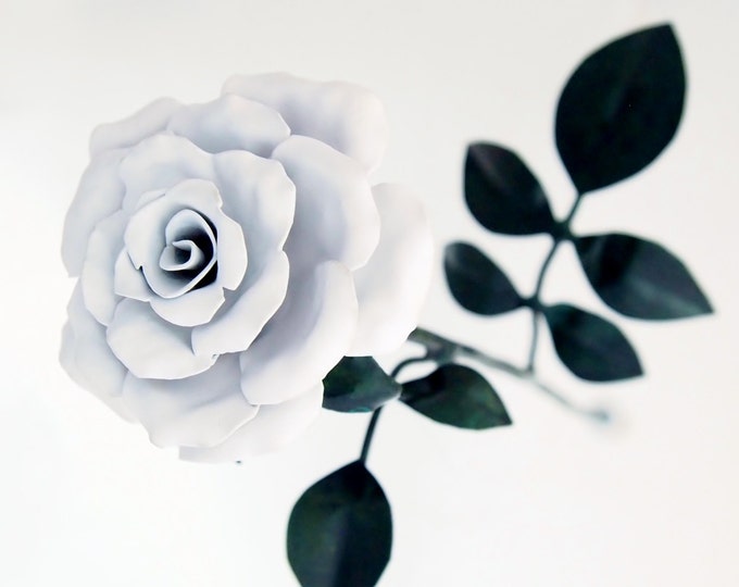 Medium White Blossoming Rose Copper Metal Sculpture