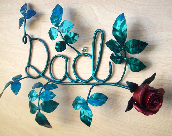 Copper Metal "Dad" with Rose Sculpture