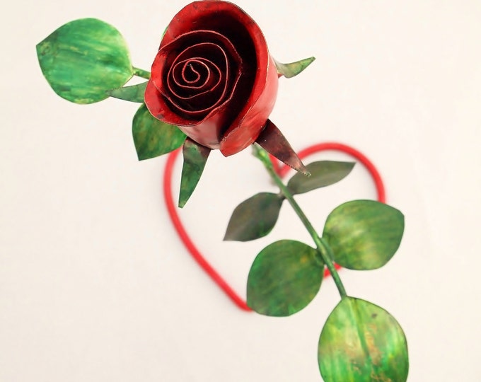 Closed Red Rose w/ Red Heart Base Copper Metal Sculpture Pink Metal Rose - Metal Flower, Bridal, Anniversary, Valentine, Wedding, Christmas