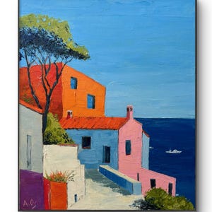Mediterranean Coastal Village Original Oil Painting – Palette Knife Painting on Canvas Panel, Impasto Seascape – Original Wall Art