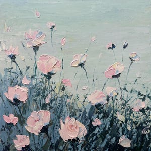 Fleurs roses. Peinture à l'huile originale 25 x 30 cm | Art floral au couteau | Décoration murale texturée | Tableau en toile | Oeuvre d'art originale