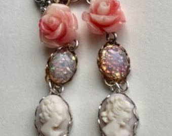 Carved Shell Cameo Earrings, Carved Coral Shell Roses, Vintage Opal Glass, Sterling Silver Post Earrings, with Gold Highlights, Pink Garnets