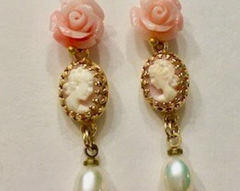 Cameo Earrings,Hand Carved Conch Shell, Gold Filled Sterling Silver Settings,Pink Coral Shell, Carved Roses, Genuine Pearl Drops, OOAK