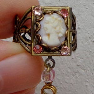 Vintage,Hand Carved,Baby Skin Pink Conch Shell Cameo,Locket Ring,Murano Glass Bead,Tiny Keys,Swarovski Crystals,Adjustable Filigree Ring image 1