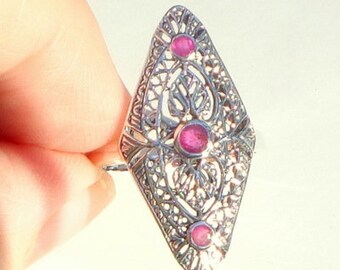 Size 7 & Sz 8, Sterling Silver Ruby Ring, (Choose size,) Marquise Filigree, Edwardian Design, Natural Gemstones, Vintage, Pristine Condition