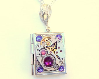 Steampunk  Locket Necklace,Vintage Ruby Jeweled Watch Movement, Purple Swarovski Crystals,Book Locket,Edwardian Fantasy,Gothic Jewellry