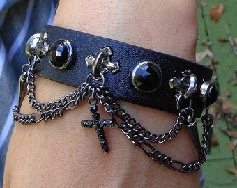 Awsome Goth Bracelet, Black Crystals,Black Chain, Black Crystal Cross, Studded Gothic Cuff Bracelet,Edwardian Fantasy,Neo Victorian,Unisex