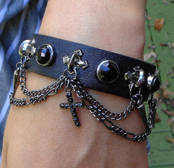 Awsome Goth Bracelet, Black Crystals,Black Chain,… - image 1