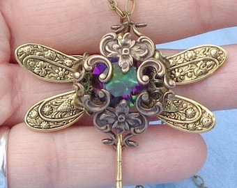 Steamy Dragonfly Necklace, Antiqued Brass, Filigree Necklace, Purple/Green Swarovski Crystal